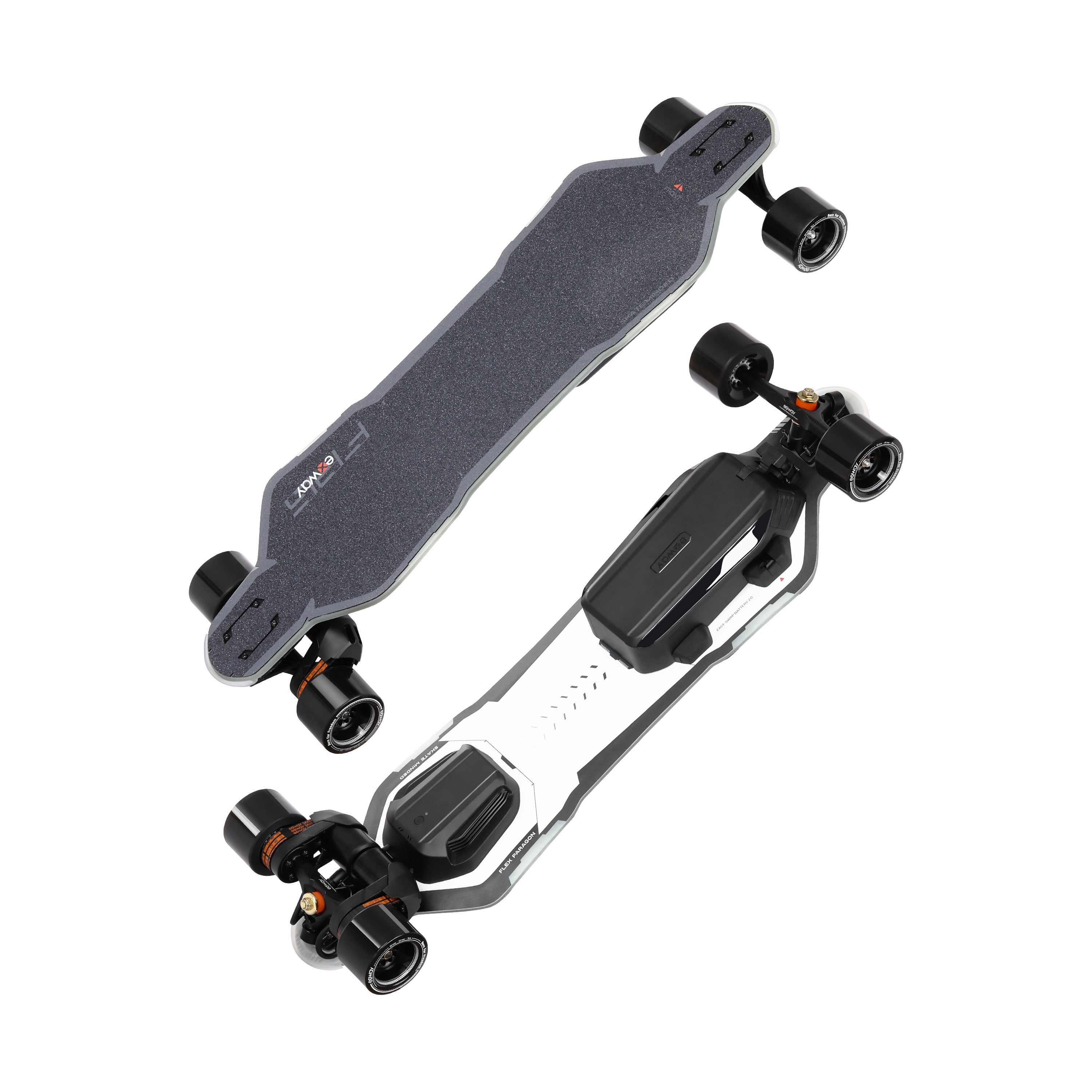 top and bottom view of exway flex paragon electric skateboard white and black