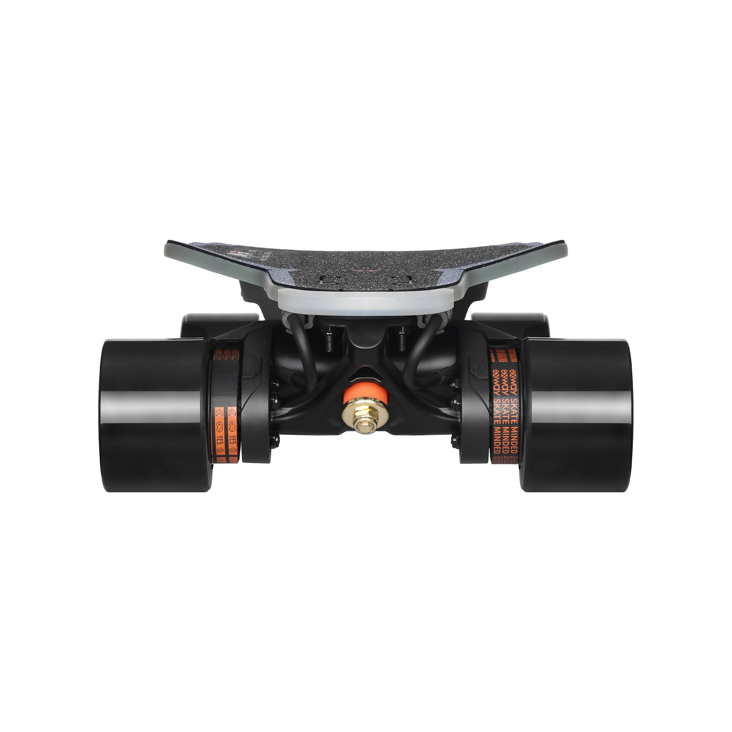 front view of exway flex paragon electric skateboard and wheels