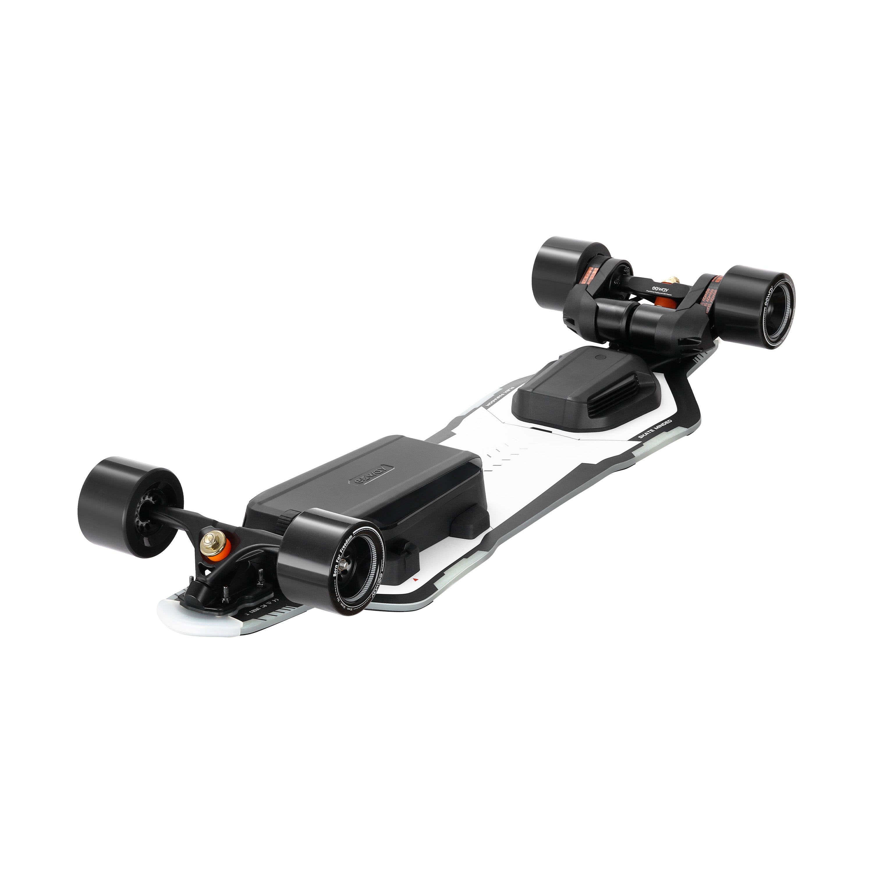 bottom view of exway flex paragon electric skateboard with battery on undercarriage